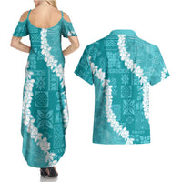 Hawaii Aloha Couples Matching Summer Maxi Dress and Hawaiian Shirt Teal Quilt Patch Work Mix Plumeria Lei LT7 - Polynesian Pride