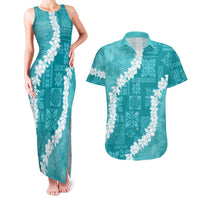 Hawaii Aloha Couples Matching Tank Maxi Dress and Hawaiian Shirt Teal Quilt Patch Work Mix Plumeria Lei LT7 Teal - Polynesian Pride