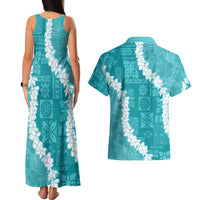 Hawaii Aloha Couples Matching Tank Maxi Dress and Hawaiian Shirt Teal Quilt Patch Work Mix Plumeria Lei LT7 - Polynesian Pride