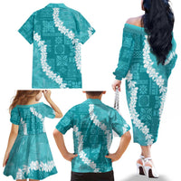 Hawaii Aloha Family Matching Off The Shoulder Long Sleeve Dress and Hawaiian Shirt Teal Quilt Patch Work Mix Plumeria Lei LT7 - Polynesian Pride