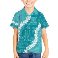 Hawaii Aloha Family Matching Off The Shoulder Long Sleeve Dress and Hawaiian Shirt Teal Quilt Patch Work Mix Plumeria Lei LT7 Son's Shirt Teal - Polynesian Pride