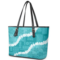 Hawaii Aloha Leather Tote Bag Teal Quilt Patch Work Mix Plumeria Lei LT7 - Polynesian Pride