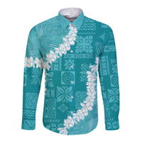 Hawaii Aloha Long Sleeve Button Shirt Teal Quilt Patch Work Mix Plumeria Lei LT7 Unisex Teal - Polynesian Pride