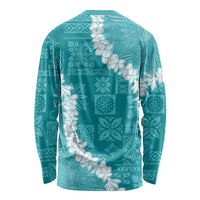 Hawaii Aloha Long Sleeve Shirt Teal Quilt Patch Work Mix Plumeria Lei LT7 - Polynesian Pride