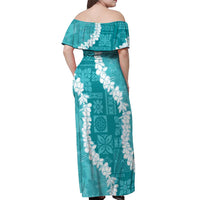Hawaii Aloha Off Shoulder Maxi Dress Teal Quilt Patch Work Mix Plumeria Lei LT7 - Polynesian Pride