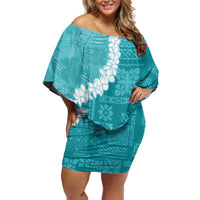 Hawaii Aloha Off Shoulder Short Dress Teal Quilt Patch Work Mix Plumeria Lei LT7 Women Teal - Polynesian Pride