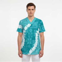 Hawaii Aloha Scrub Top Teal Quilt Patch Work Mix Plumeria Lei - Polynesian Pride