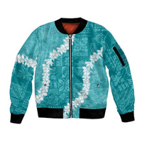 Hawaii Aloha Sleeve Zip Bomber Jacket Teal Quilt Patch Work Mix Plumeria Lei LT7 Unisex Teal - Polynesian Pride