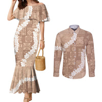 Hawaii Aloha Couples Matching Mermaid Dress and Long Sleeve Button Shirt Beige Quilt Patch Work Mix Plumeria Lei LT7 Beige - Polynesian Pride