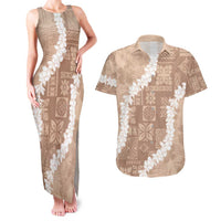 Hawaii Aloha Couples Matching Tank Maxi Dress and Hawaiian Shirt Beige Quilt Patch Work Mix Plumeria Lei LT7 Beige - Polynesian Pride