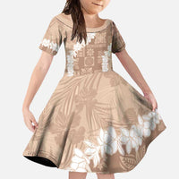 Hawaii Aloha Family Matching Short Sleeve Bodycon Dress and Hawaiian Shirt Beige Quilt Patch Work Mix Plumeria Lei LT7 Daughter's Dress Beige - Polynesian Pride