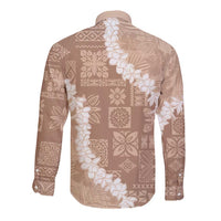 Hawaii Aloha Long Sleeve Button Shirt Beige Quilt Patch Work Mix Plumeria Lei LT7 - Polynesian Pride