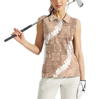 Hawaii Aloha Women Sleeveless Polo Shirt Beige Quilt Patch Work Mix Plumeria Lei