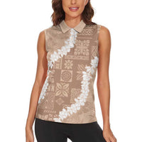 Hawaii Aloha Women Sleeveless Polo Shirt Beige Quilt Patch Work Mix Plumeria Lei