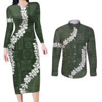 Hawaii Aloha Couples Matching Long Sleeve Bodycon Dress and Long Sleeve Button Shirt Sage Quilt Patch Work Mix Plumeria Lei LT7 Sage - Polynesian Pride