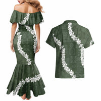 Hawaii Aloha Couples Matching Mermaid Dress and Hawaiian Shirt Sage Quilt Patch Work Mix Plumeria Lei