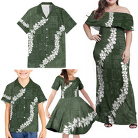Hawaii Aloha Family Matching Off Shoulder Maxi Dress and Hawaiian Shirt Sage Quilt Patch Work Mix Plumeria Lei LT7 - Polynesian Pride