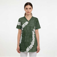 Hawaii Aloha Scrub Top Sage Quilt Patch Work Mix Plumeria Lei - Polynesian Pride
