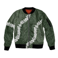 Hawaii Aloha Sleeve Zip Bomber Jacket Sage Quilt Patch Work Mix Plumeria Lei LT7 Unisex Sage - Polynesian Pride