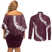 Hawaii Aloha Couples Matching Off Shoulder Short Dress and Long Sleeve Button Shirt Champange Quilt Patch Work Mix Plumeria Lei LT7 - Polynesian Pride
