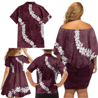 Hawaii Aloha Family Matching Off Shoulder Short Dress and Hawaiian Shirt Champange Quilt Patch Work Mix Plumeria Lei