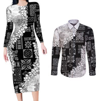 Hawaii Aloha Couples Matching Long Sleeve Bodycon Dress and Long Sleeve Button Shirt White Quilt Patch Work Mix Plumeria Lei LT7 White - Polynesian Pride