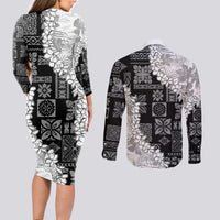Hawaii Aloha Couples Matching Long Sleeve Bodycon Dress and Long Sleeve Button Shirt White Quilt Patch Work Mix Plumeria Lei LT7 - Polynesian Pride