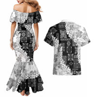 Hawaii Aloha Couples Matching Mermaid Dress and Hawaiian Shirt White Quilt Patch Work Mix Plumeria Lei LT7 - Polynesian Pride