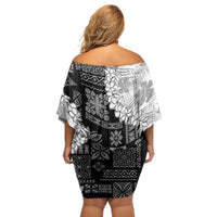 Hawaii Aloha Off Shoulder Short Dress White Quilt Patch Work Mix Plumeria Lei LT7 - Polynesian Pride