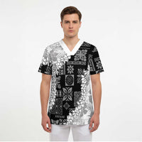 Hawaii Aloha Scrub Top White Quilt Patch Work Mix Plumeria Lei - Polynesian Pride