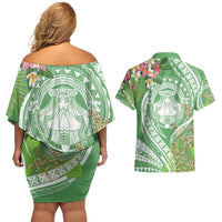 Aloha Molokai Island Couples Matching Off Shoulder Short Dress and Hawaiian Shirt Hawaii Pua Kukui