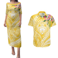 Aloha Hawaii Oahu Couples Matching Puletasi and Hawaiian Shirt Wahine with Ilima Lei