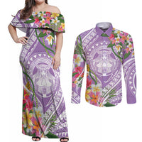 Aloha Hawaii Kauai Couples Matching Off Shoulder Maxi Dress and Long Sleeve Button Shirt Frangipani Mix Mokihana Lei LT7 Purple - Polynesian Pride