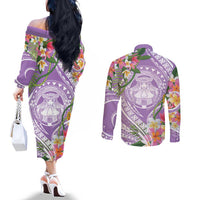 Aloha Hawaii Kauai Couples Matching Off The Shoulder Long Sleeve Dress and Long Sleeve Button Shirt Frangipani Mix Mokihana Lei