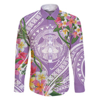 Aloha Hawaii Kauai Family Matching Off Shoulder Maxi Dress and Hawaiian Shirt Frangipani Mix Mokihana Lei LT7 Dad's Shirt - Long Sleeve Purple - Polynesian Pride