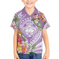 Aloha Hawaii Kauai Family Matching Off Shoulder Short Dress and Hawaiian Shirt Frangipani Mix Mokihana Lei LT7 Son's Shirt Purple - Polynesian Pride