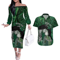 New Zealand Aroha Koe Mama Couples Matching Off The Shoulder Long Sleeve Dress and Hawaiian Shirt Maori Hongi - Pounamu