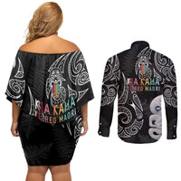 Kia Hara Te reo Maori Couples Matching Off Shoulder Short Dress and Long Sleeve Button Shirt Manaia Moko Pattern