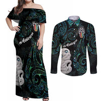 Kia Hara Te reo Maori Couples Matching Off Shoulder Maxi Dress and Long Sleeve Button Shirt Manaia Moko Mix Paua Shell LT7 Green - Polynesian Pride