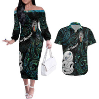 Kia Hara Te reo Maori Couples Matching Off The Shoulder Long Sleeve Dress and Hawaiian Shirt Manaia Moko Mix Paua Shell