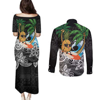 Tropical Christmas Polynesian Couples Matching Puletasi and Long Sleeve Button Shirt Funny Surfing Pineapple