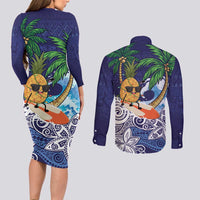 Tropical Christmas Polynesian Couples Matching Long Sleeve Bodycon Dress and Long Sleeve Button Shirt Funny Surfing Pineapple Blue