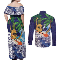 Tropical Christmas Polynesian Couples Matching Off Shoulder Maxi Dress and Long Sleeve Button Shirt Funny Surfing Pineapple Blue