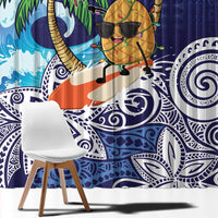 Tropical Christmas Polynesian Window Curtain Funny Surfing Pineapple Blue