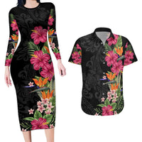 Hawaii Flowers Tribal Pattern Couple Long Sleeve Bodycon Dress and Hawaiian Shirt LT9