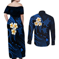 Hawaii Couples Off Shoulder Maxi Dress and Long Sleeve Button Shirts Niihau Islands Polynesian Sunset Plumeria Blue Vibe LT9 - Polynesian Pride