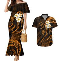 Hawaii Couples Mermaid Dress And Hawaiian Shirt Niihau Islands Polynesian Sunset Plumeria Gold Vibe LT9 Gold - Polynesian Pride