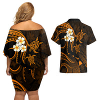 Hawaii Couples Off Shoulder Short Dress and Hawaiian Shirt Niihau Islands Polynesian Sunset Plumeria Gold Vibe LT9 - Polynesian Pride