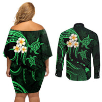 Hawaii Couples Off Shoulder Short Dress and Long Sleeve Button Shirts Niihau Islands Polynesian Sunset Plumeria Green Vibe LT9 - Polynesian Pride