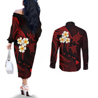 Polynesian Hawaii Couples Off The Shoulder Long Sleeve Dress and Long Sleeve Button Shirts Niihau Islands with Pacific Plumeria Red Vibe LT9 - Polynesian Pride